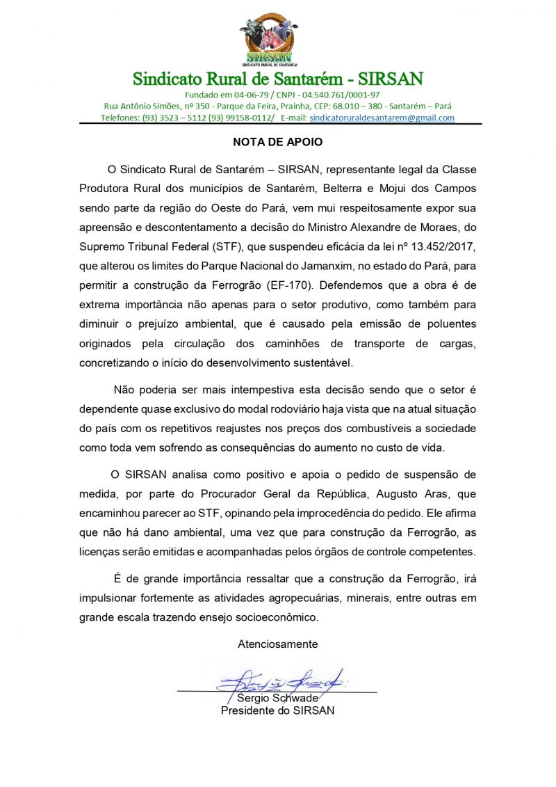 Nota de Apoio - Ferrogrão 